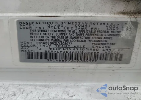 2020 Nissan Sentra Sr z USA, uszkodzony, nr VIN 3N1AB8DV2LY208977